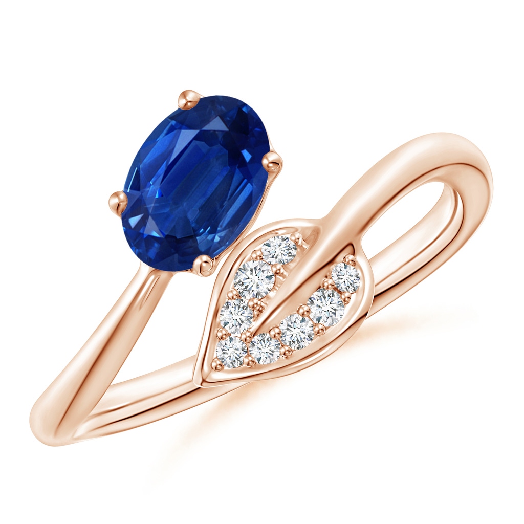 7x5mm AAA Nature Inspired Blue Sapphire Bypass Ring with Diamond Leaf in Rose Gold