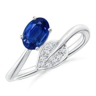 7x5mm AAA Nature Inspired Blue Sapphire Bypass Ring with Diamond Leaf in White Gold