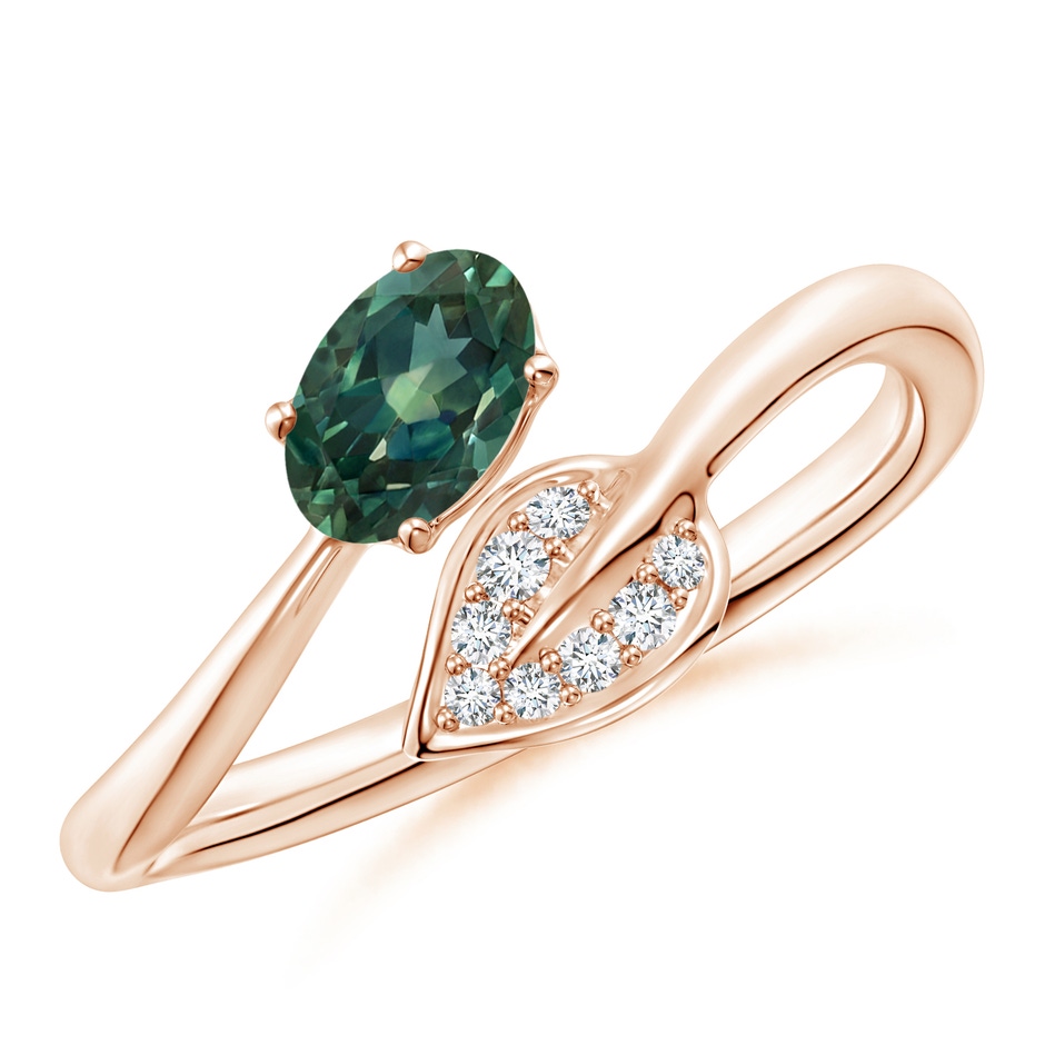 6x4mm AA Nature Inspired Teal Montana Sapphire Ring with Diamond Leaf in Rose Gold 
