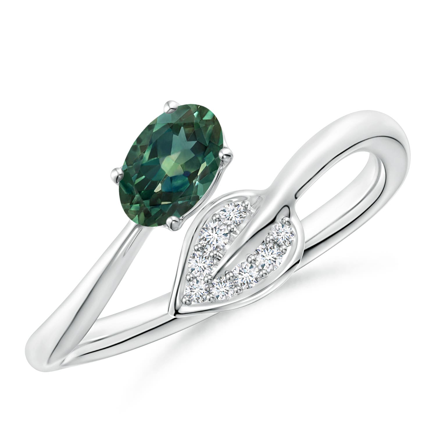 6x4mm AA Nature Inspired Teal Montana Sapphire Ring with Diamond Leaf in White Gold