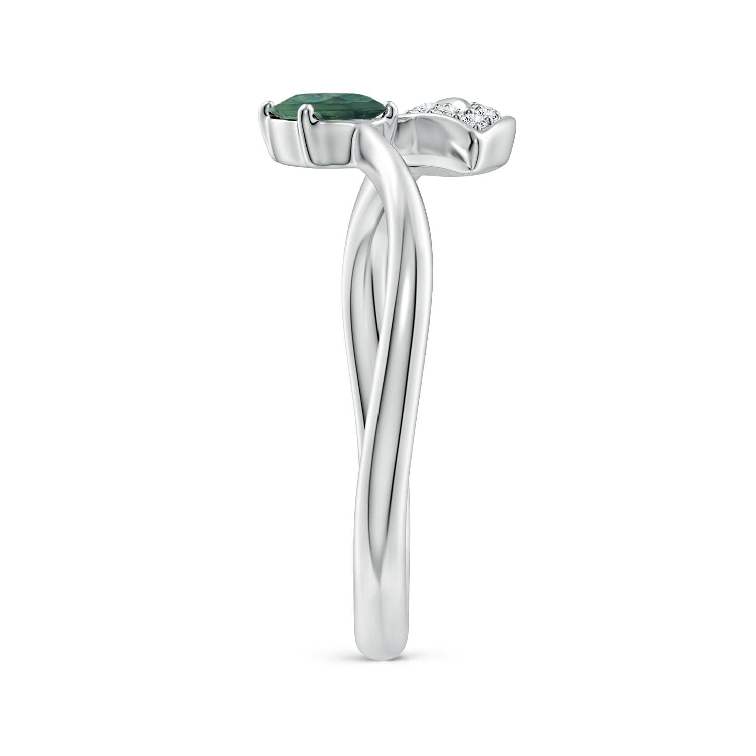 6x4mm AA Nature Inspired Teal Montana Sapphire Ring with Diamond Leaf in White Gold - side 6
