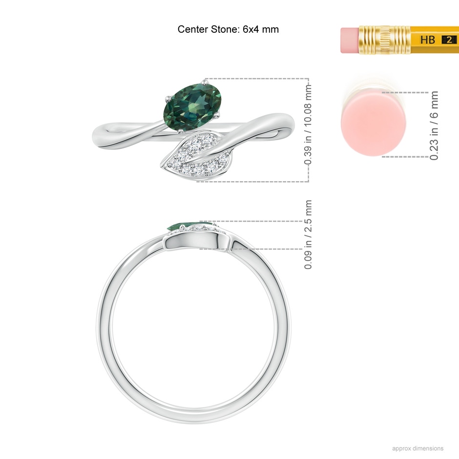 6x4mm AA Nature Inspired Teal Montana Sapphire Ring with Diamond Leaf in White Gold ruler