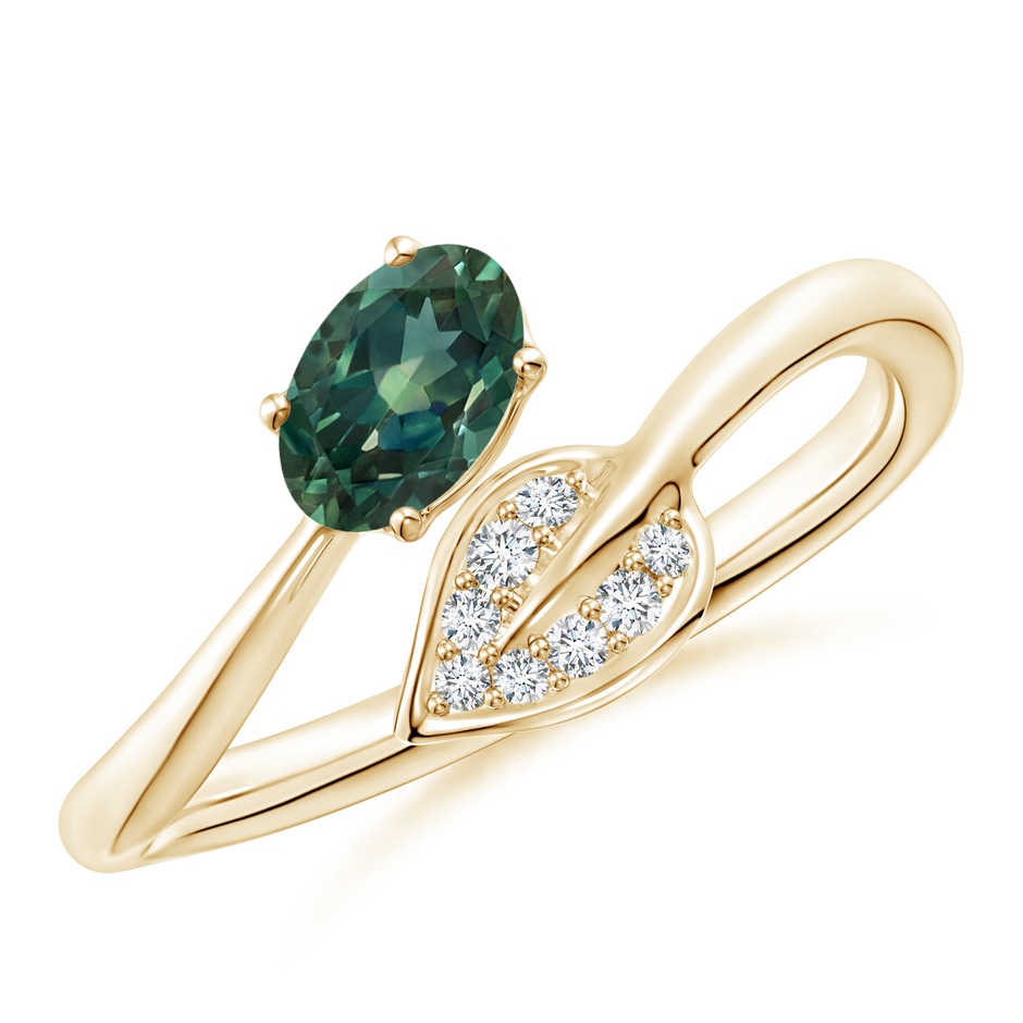 6x4mm AA Nature Inspired Teal Montana Sapphire Ring with Diamond Leaf in Yellow Gold 