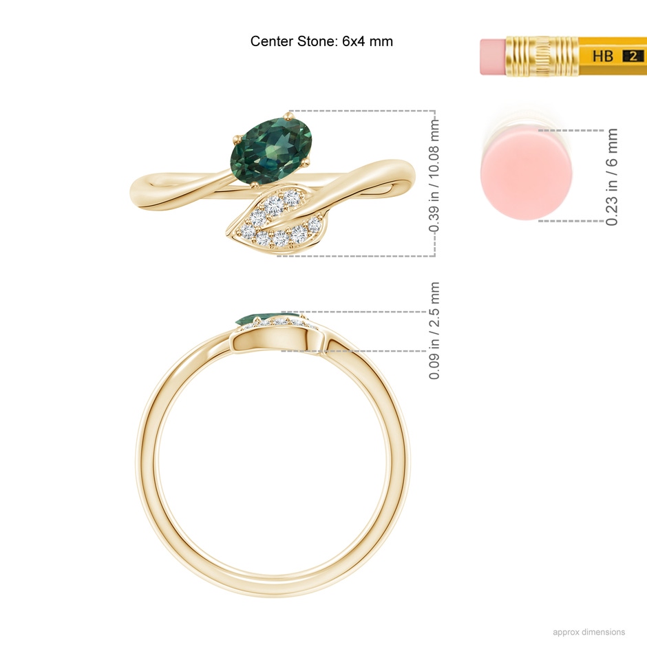 6x4mm AA Nature Inspired Teal Montana Sapphire Ring with Diamond Leaf in Yellow Gold ruler