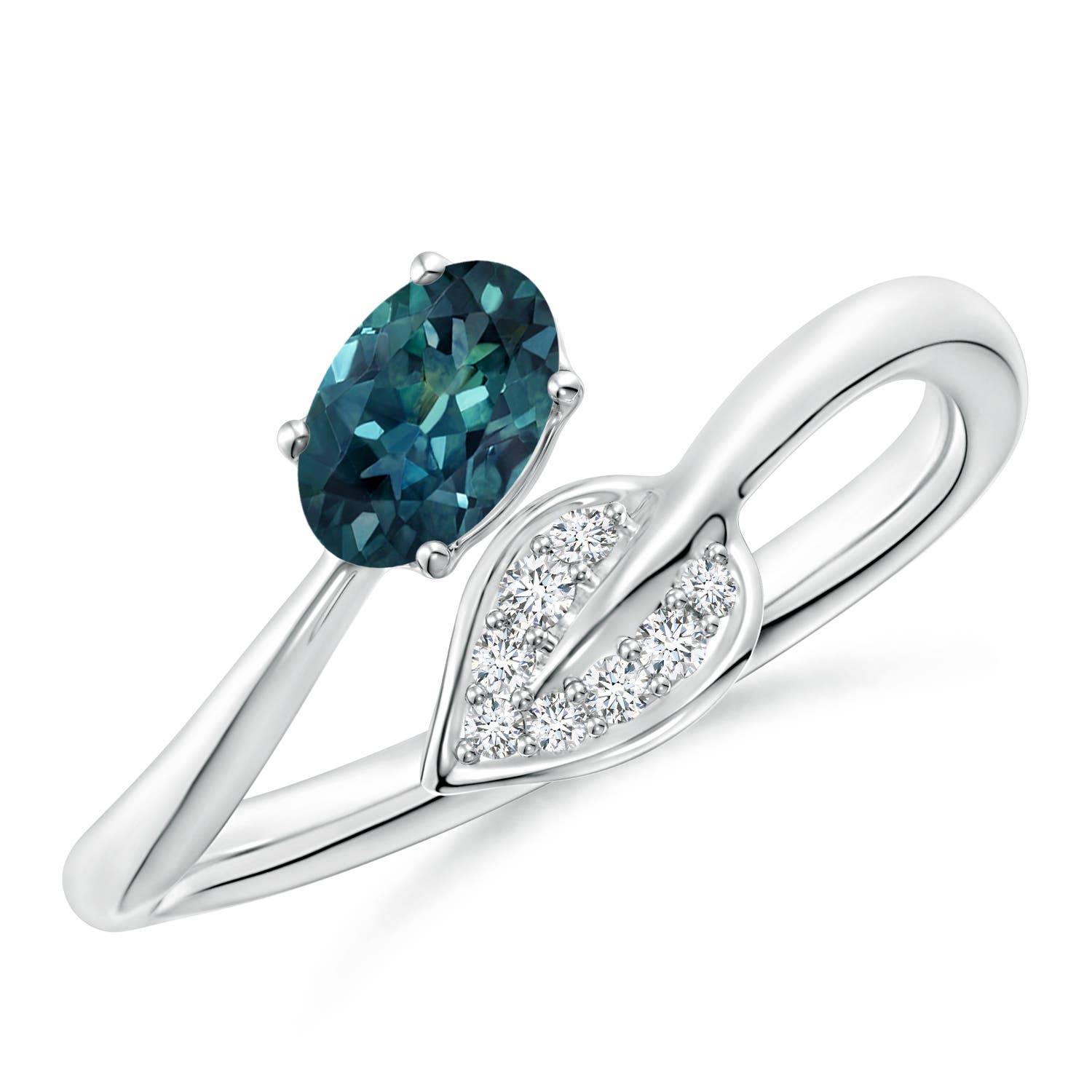 6x4mm AAA Nature Inspired Teal Montana Sapphire Ring with Diamond Leaf in P950 Platinum