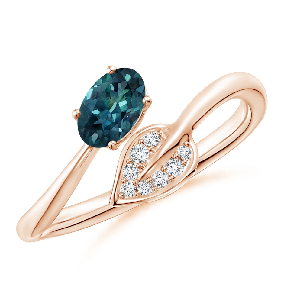 6x4mm AAA Nature Inspired Teal Montana Sapphire Ring with Diamond Leaf in Rose Gold 