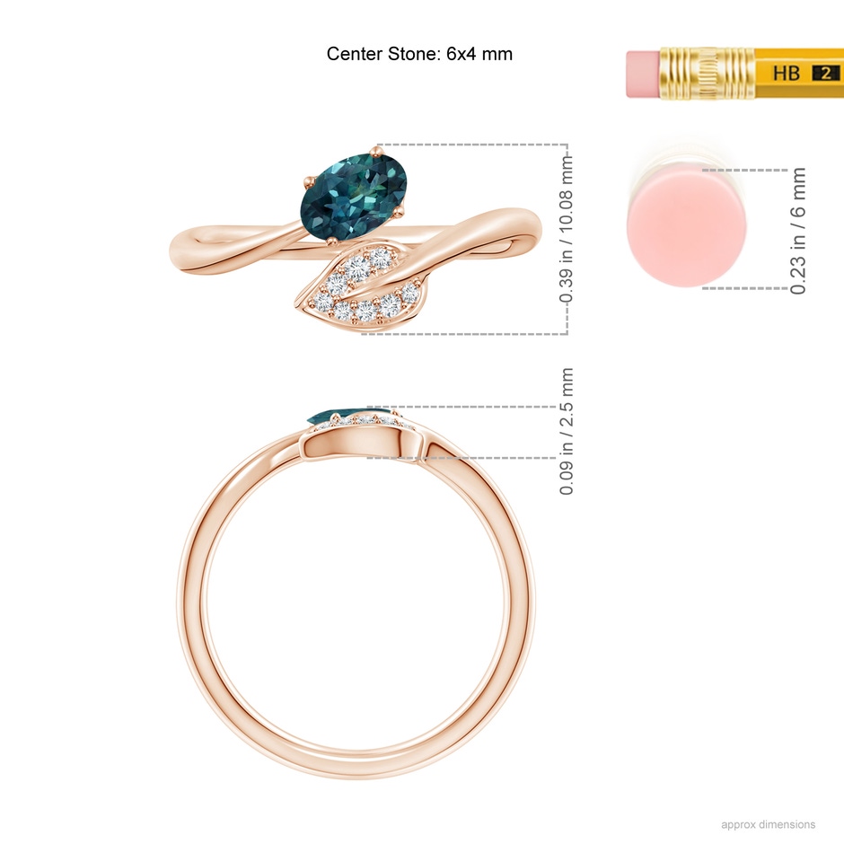 6x4mm AAA Nature Inspired Teal Montana Sapphire Ring with Diamond Leaf in Rose Gold ruler
