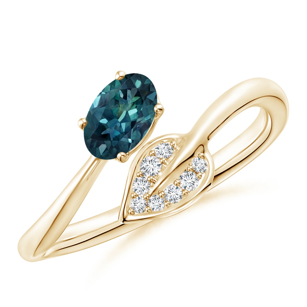 6x4mm AAA Nature Inspired Teal Montana Sapphire Ring with Diamond Leaf in Yellow Gold