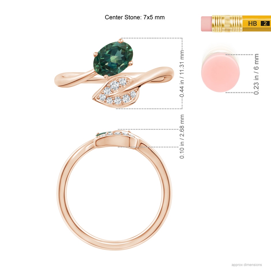 7x5mm AA Nature Inspired Teal Montana Sapphire Ring with Diamond Leaf in 18K Rose Gold ruler