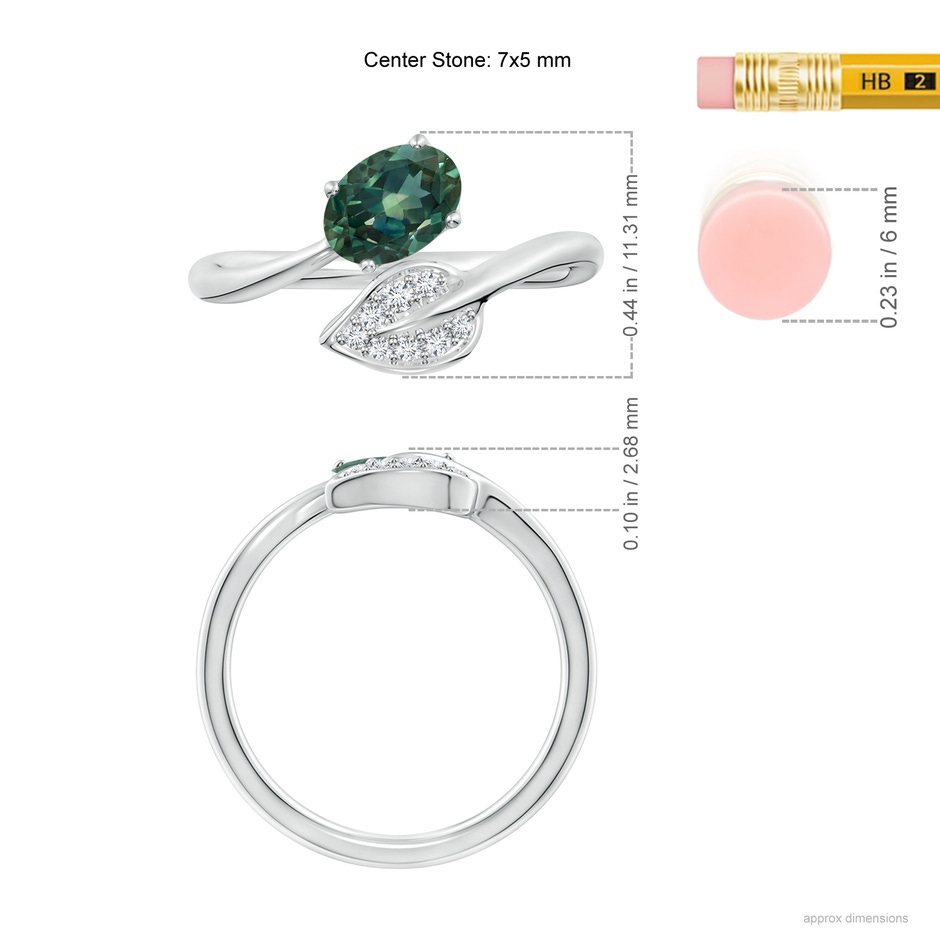 7x5mm AA Nature Inspired Teal Montana Sapphire Ring with Diamond Leaf in P950 Platinum ruler