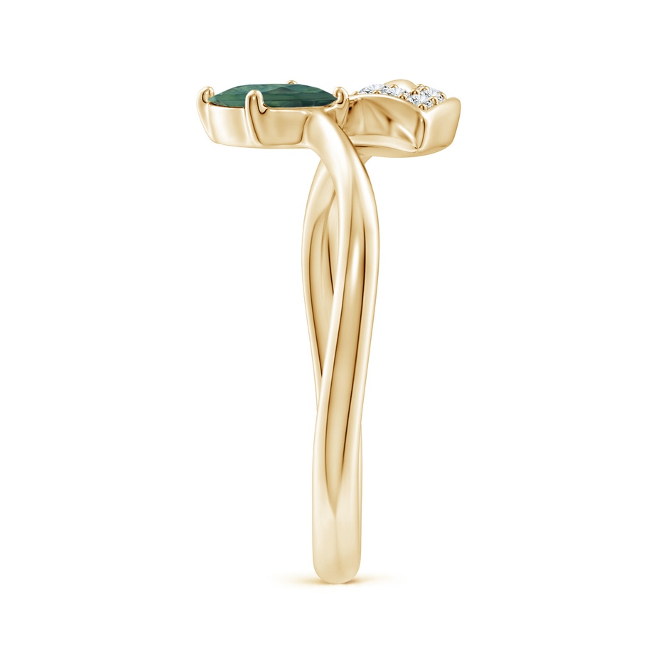 7x5mm AA Nature Inspired Teal Montana Sapphire Ring with Diamond Leaf in Yellow Gold side 299