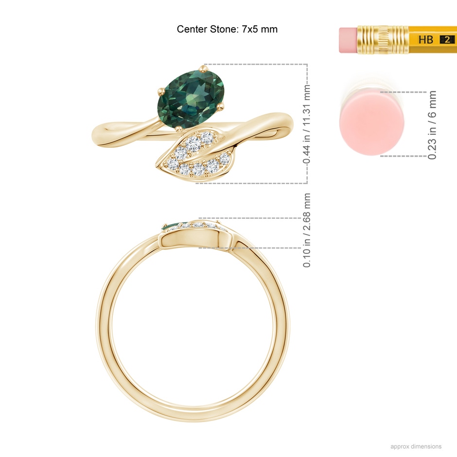 7x5mm AA Nature Inspired Teal Montana Sapphire Ring with Diamond Leaf in Yellow Gold ruler