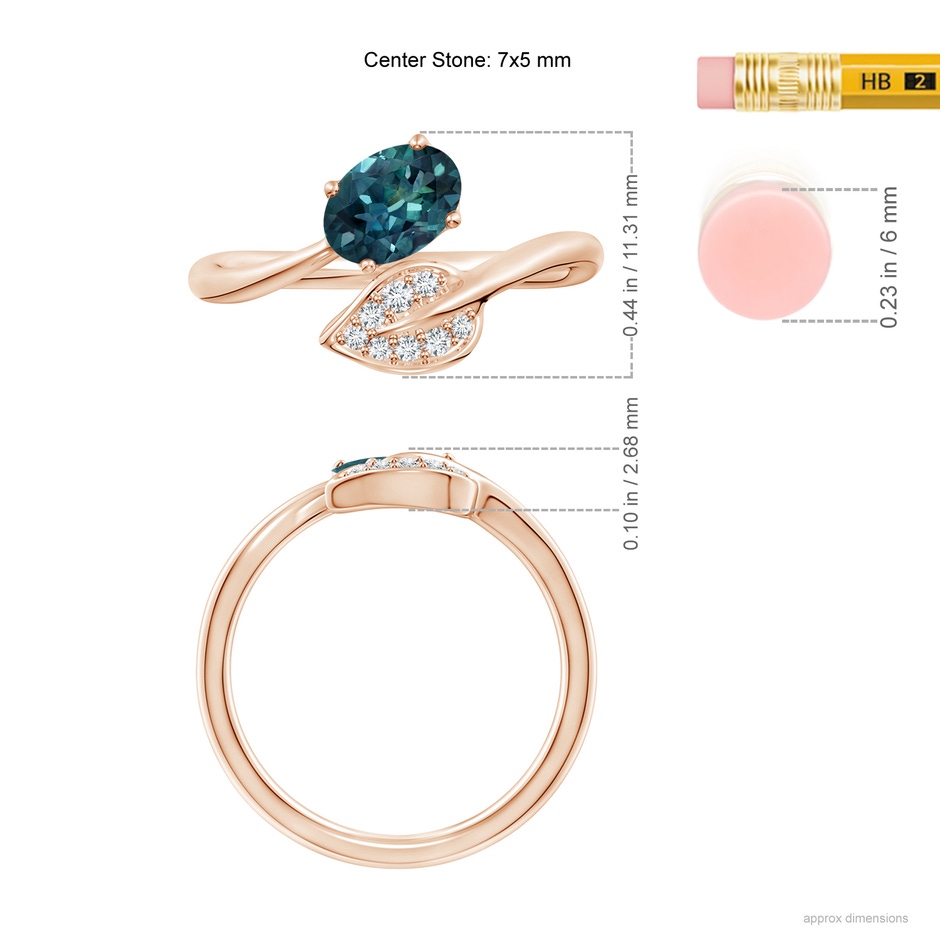 7x5mm AAA Nature Inspired Teal Montana Sapphire Ring with Diamond Leaf in 18K Rose Gold ruler