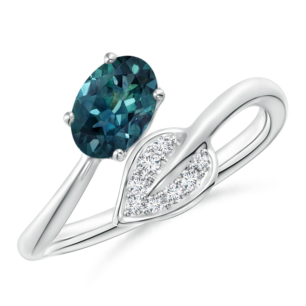 7x5mm AAA Nature Inspired Teal Montana Sapphire Ring with Diamond Leaf in White Gold