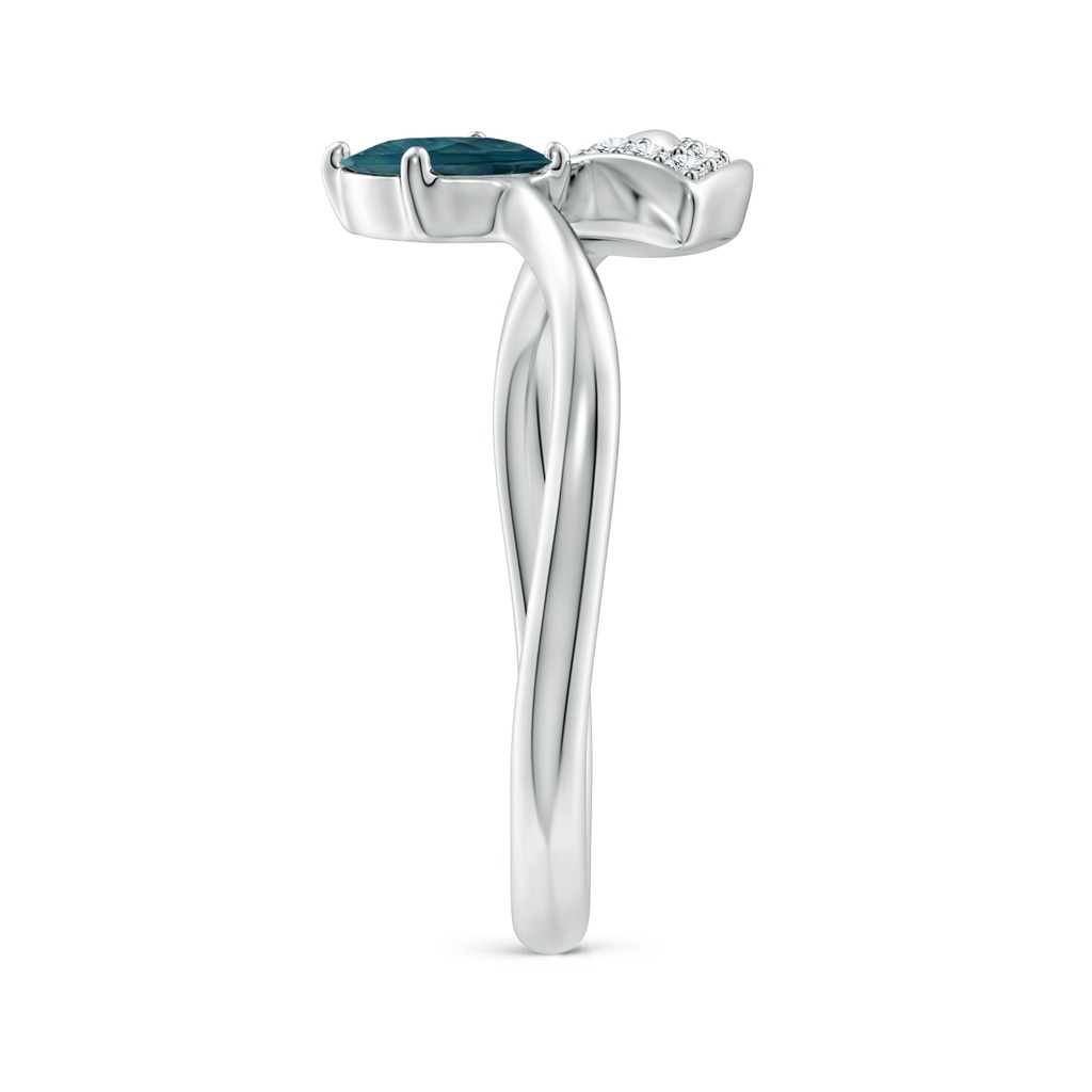 7x5mm AAA Nature Inspired Teal Montana Sapphire Ring with Diamond Leaf in White Gold Side 2