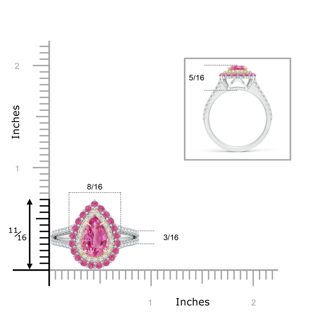 9x6mm AAA Pear-Shaped Pink Sapphire Double Halo Two Tone Ring in White Gold Yellow Gold Product Image