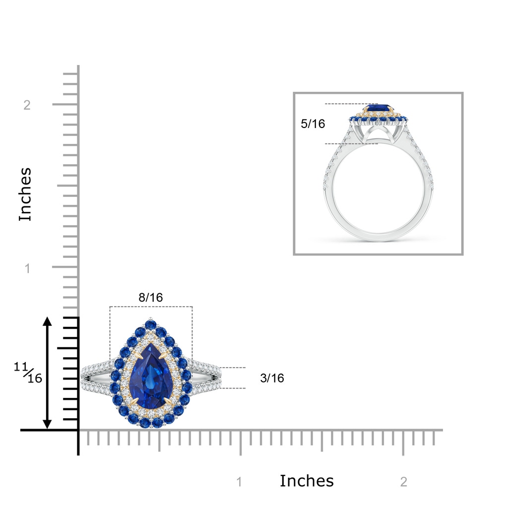 9x6mm AAA Pear-Shaped Sapphire Double Halo Two Tone Ring in White Gold Yellow Gold Product Image