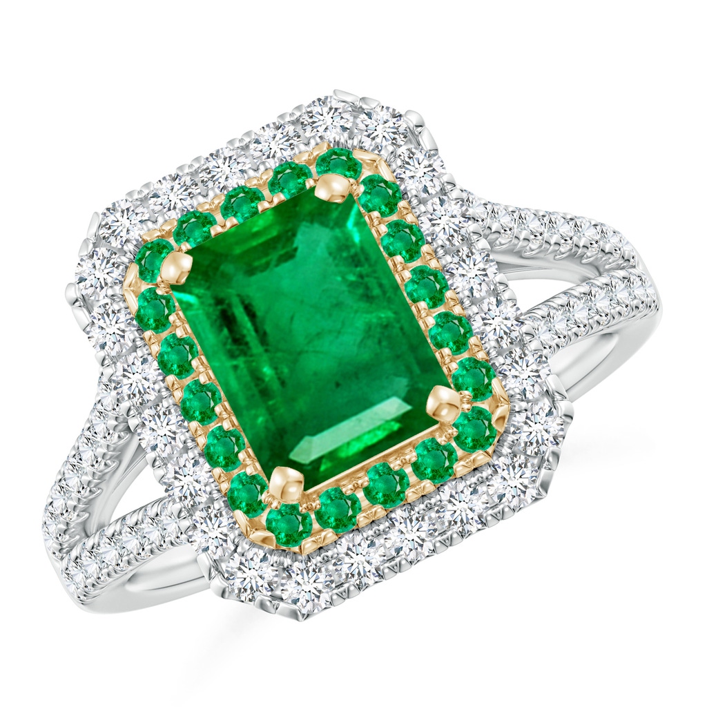 8x6mm AAA Emerald-Cut Emerald Two Tone Ring with Double Halo in White Gold Yellow Gold