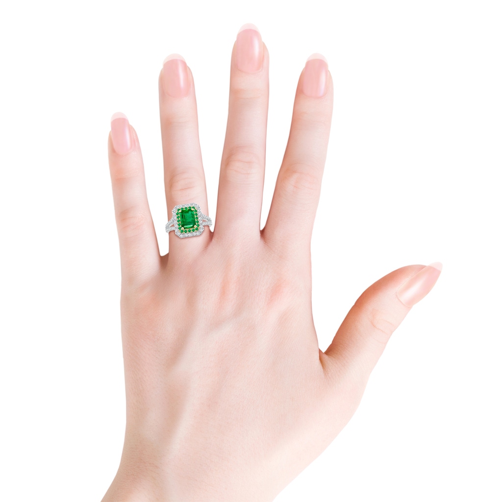 8x6mm AAA Emerald-Cut Emerald Two Tone Ring with Double Halo in White Gold Yellow Gold Product Image
