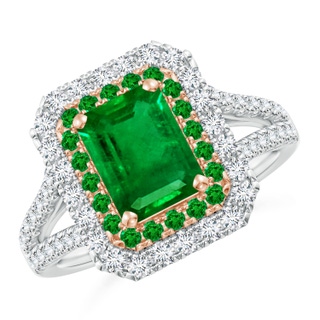 8x6mm AAAA Emerald-Cut Emerald Two Tone Ring with Double Halo in White Gold Rose Gold