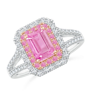 7x5mm A Emerald-Cut Pink Sapphire Two Tone Ring with Double Halo in 9K White Gold 9K Rose Gold