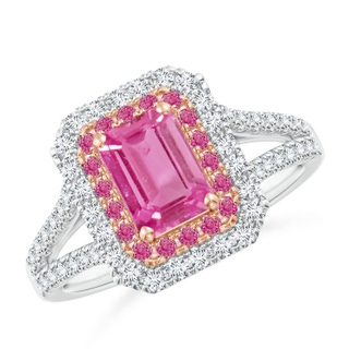 7x5mm AAA Emerald-Cut Pink Sapphire Two Tone Ring with Double Halo in 9K White Gold 9K Rose Gold