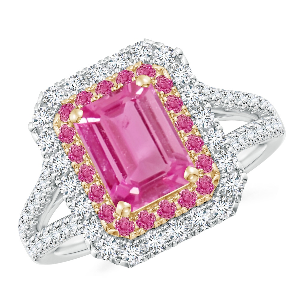 8x6mm AAA Emerald-Cut Pink Sapphire Two Tone Ring with Double Halo in White Gold Yellow Gold