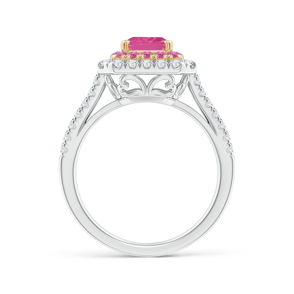 8x6mm AAA Emerald-Cut Pink Sapphire Two Tone Ring with Double Halo in White Gold Yellow Gold Product Image