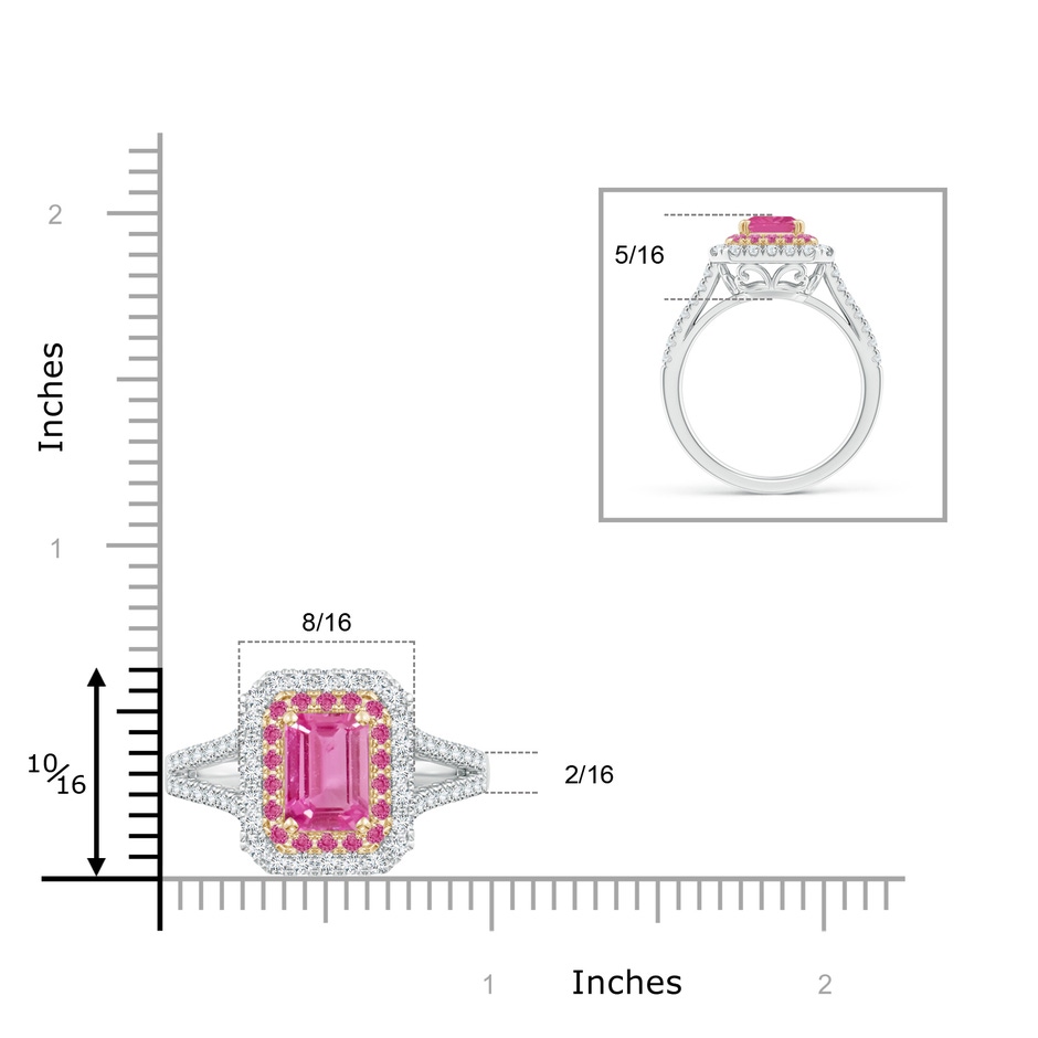 8x6mm AAA Emerald-Cut Pink Sapphire Two Tone Ring with Double Halo in White Gold Yellow Gold product image