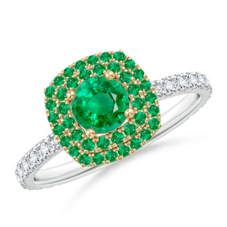 5mm AAA Round Emerald & Diamond Two Tone Ring with Double Halo in White Gold Yellow Gold