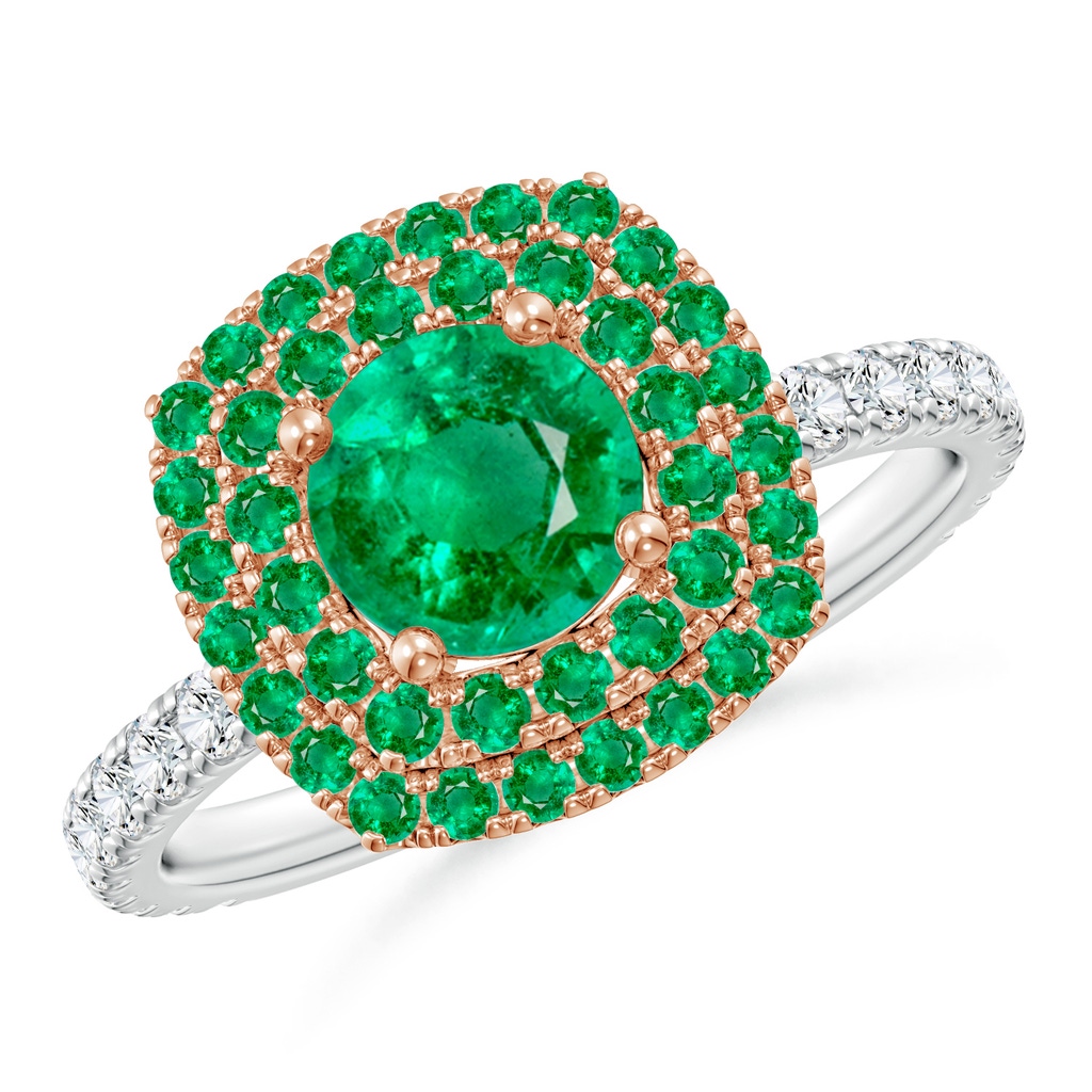 6mm AAA Round Emerald & Diamond Two Tone Ring with Double Halo in White Gold Rose Gold