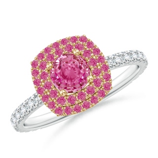 5mm AAA Round Pink Sapphire Two Tone Ring with Double Halo in White Gold Yellow Gold