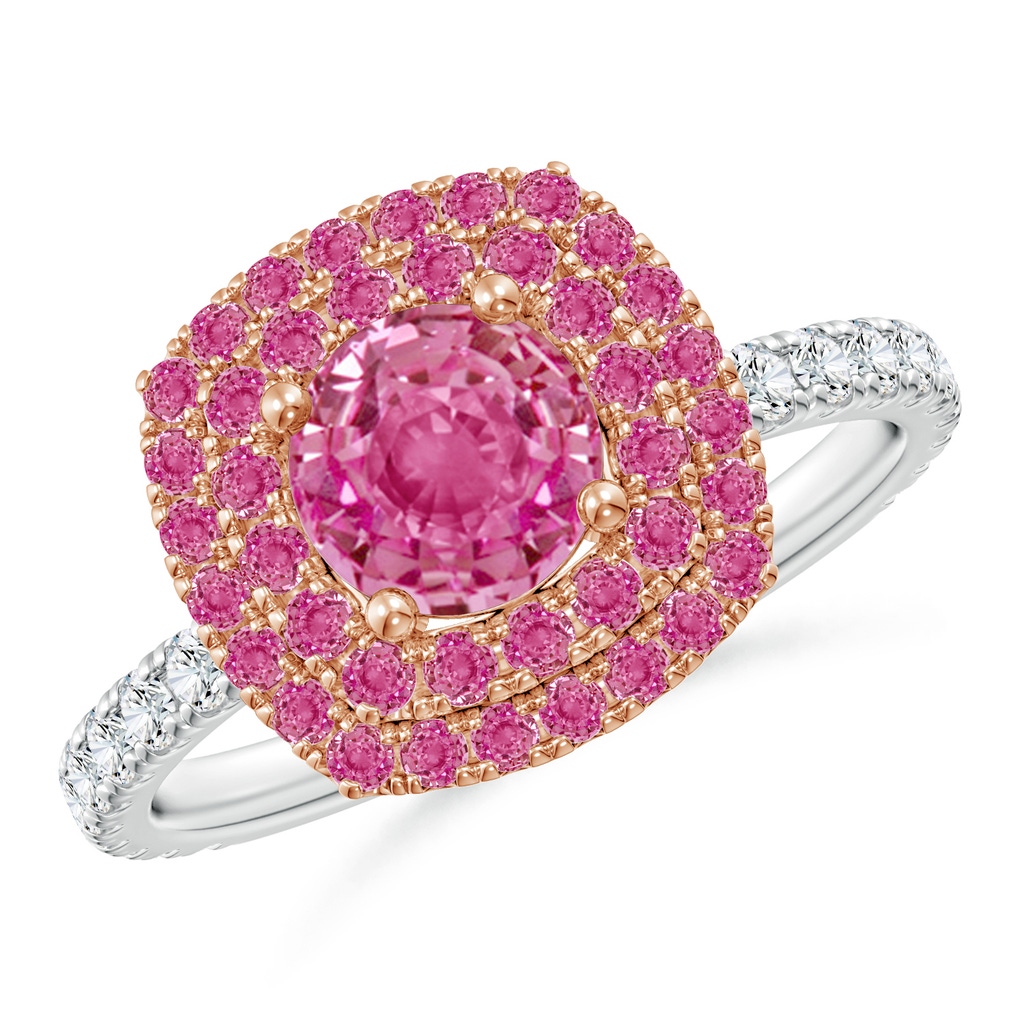 6mm AAA Round Pink Sapphire Two Tone Ring with Double Halo in White Gold Rose Gold
