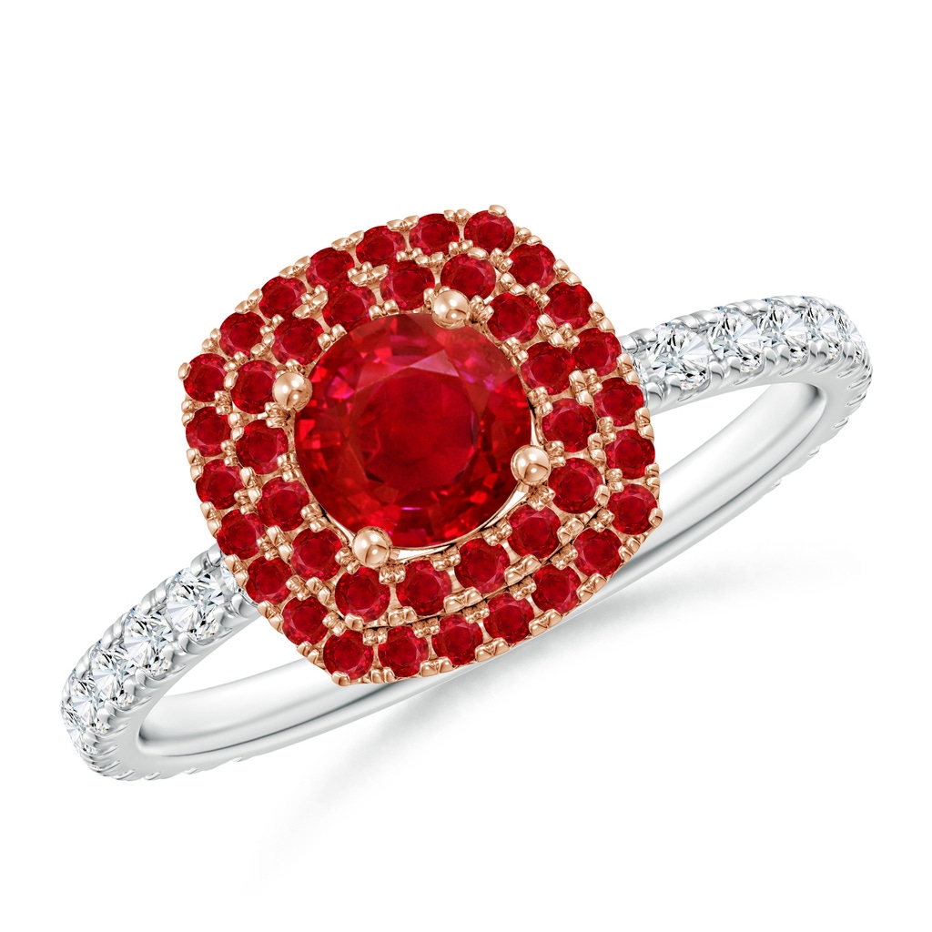 5mm AAA Round Ruby Two Tone Ring with Double Halo in White Gold Rose Gold