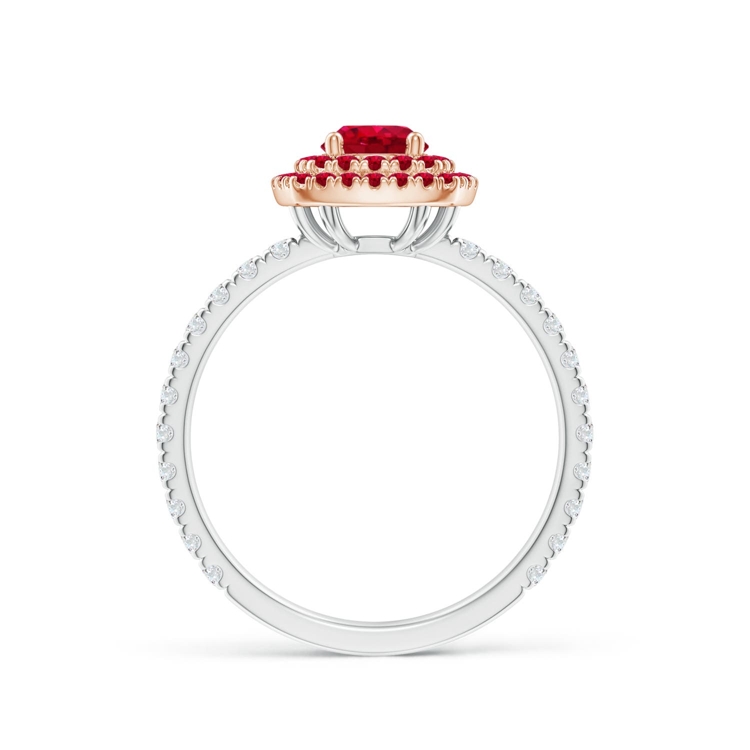 5mm AAA Round Ruby Two Tone Ring with Double Halo in White Gold Rose Gold - side 1