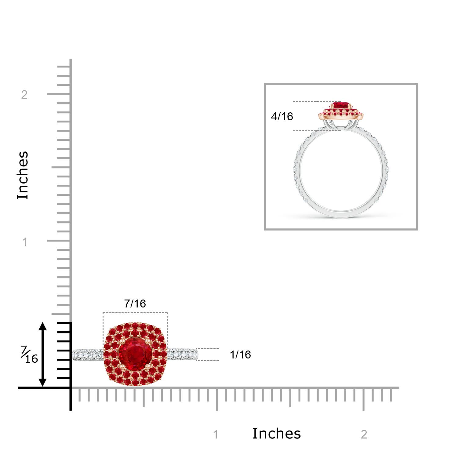 5mm AAA Round Ruby Two Tone Ring with Double Halo in White Gold Rose Gold - ruler