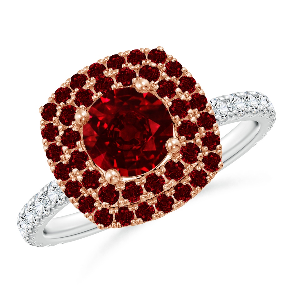 6mm AAAA Round Ruby Two Tone Ring with Double Halo in White Gold Rose Gold 