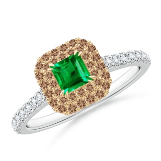 4mm AAA Emerald and Coffee Diamond Double Halo Two Tone Ring in White Gold Yellow Gold