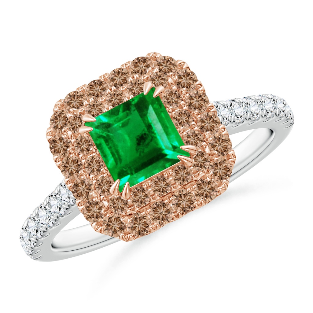 5mm AAA Emerald and Coffee Diamond Double Halo Two Tone Ring in White Gold Rose Gold