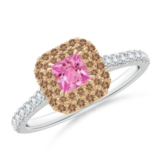 4mm AAA Pink Sapphire and Coffee Diamond Double Halo Two Tone Ring in White Gold Yellow Gold