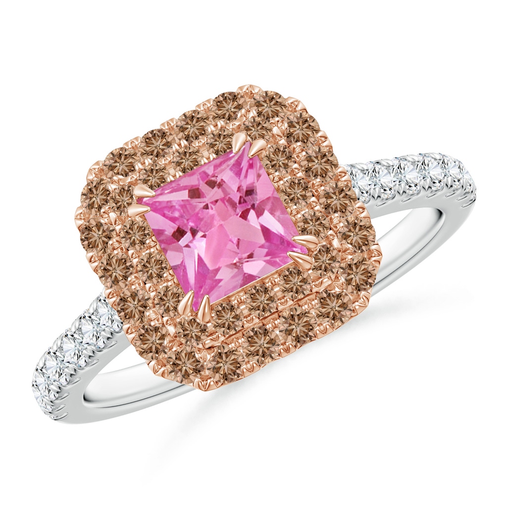 5mm AAA Pink Sapphire and Coffee Diamond Double Halo Two Tone Ring in White Gold Rose Gold 