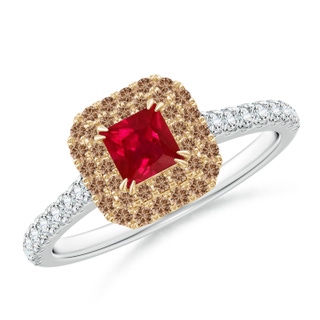 4mm AAA Ruby and Coffee Diamond Double Halo Two Tone Ring in White Gold Yellow Gold