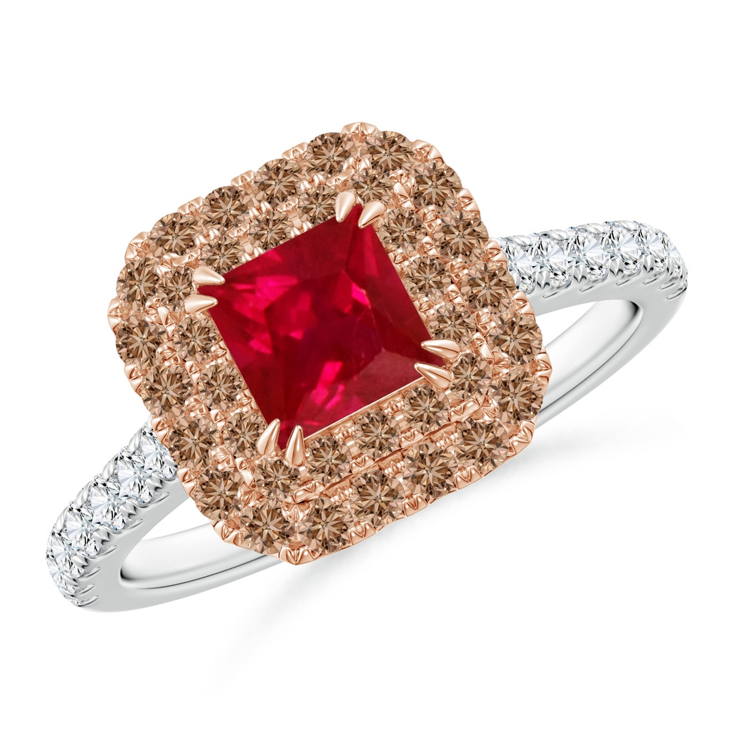 5mm AAA Ruby and Coffee Diamond Double Halo Two Tone Ring in White Gold Rose Gold