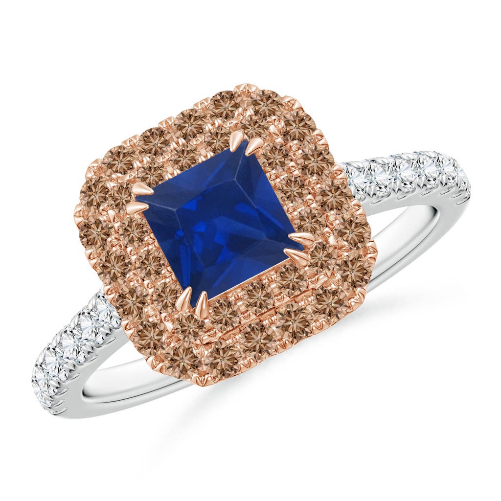 5mm AAA Sapphire and Coffee Diamond Double Halo Two Tone Ring in White Gold Rose Gold