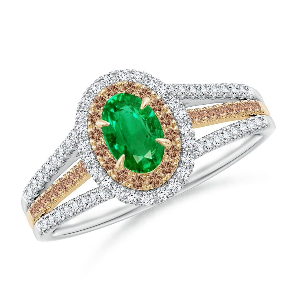 6x4mm AAA Emerald & Coffee Diamond Double Halo Ring in Two Tone Gold in White Gold Yellow Gold