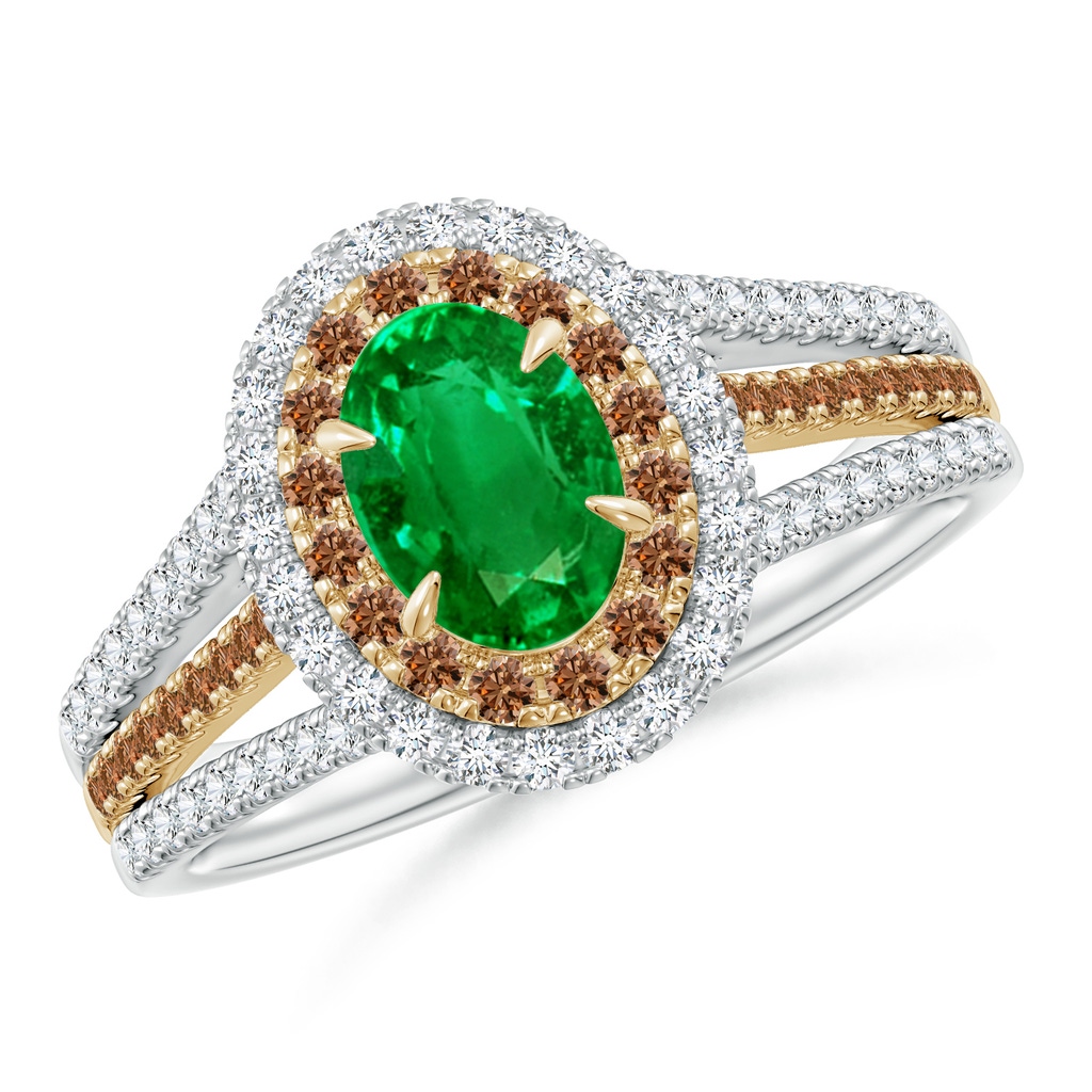 7x5mm AAAA Emerald & Coffee Diamond Double Halo Ring in Two Tone Gold in White Gold Yellow Gold