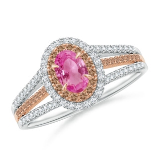 6x4mm AAA Pink Sapphire & Coffee Diamond Halo Ring in Two Tone Gold in White Gold Rose Gold