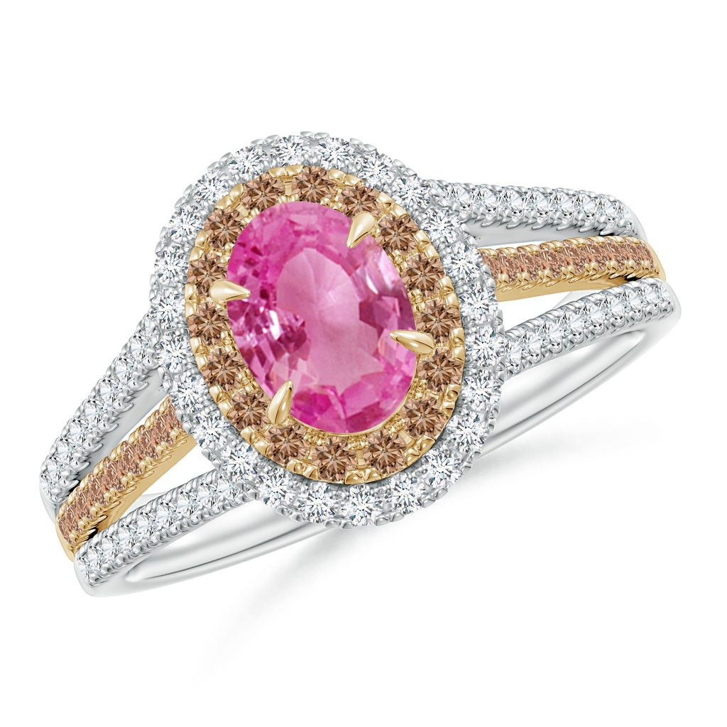 7x5mm AAA Pink Sapphire & Coffee Diamond Halo Ring in Two Tone Gold in White Gold Yellow Gold