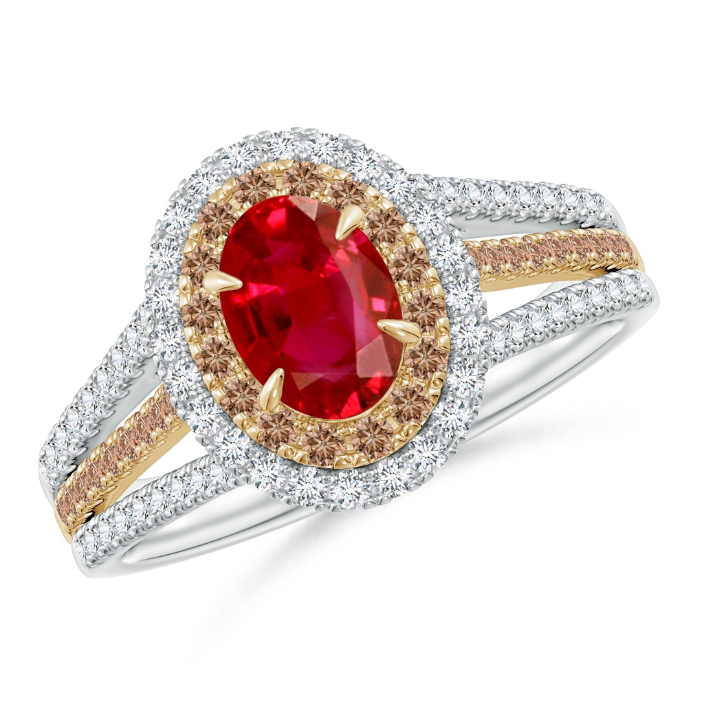 7x5mm AAA Ruby & Coffee Diamond Double Halo Ring in Two Tone Gold in White Gold Yellow Gold