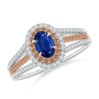 6x4mm AAA Sapphire & Coffee Diamond Double Halo Ring in Two Tone Gold in White Gold Rose Gold